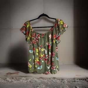 Maeve Anthropologie Floral Off Shoulder Blouse Green Ruffle Top Size L BohoWear